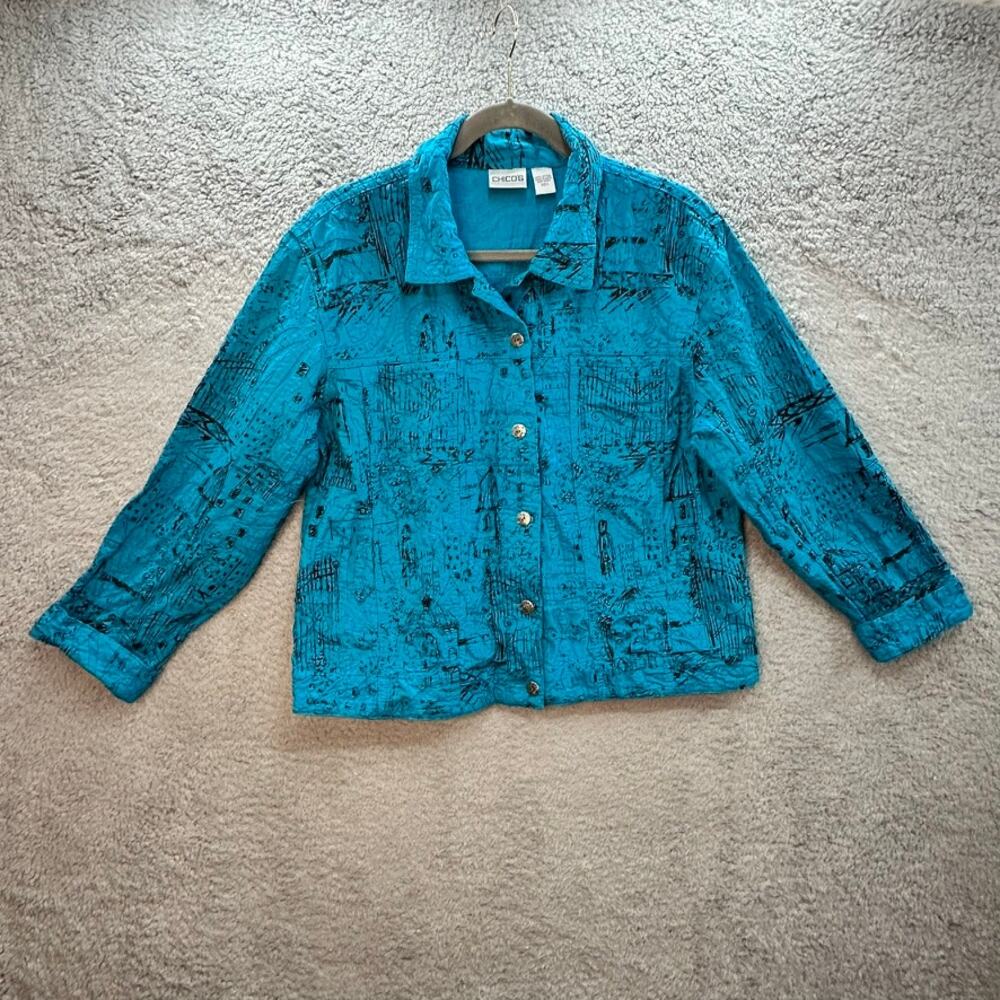 Chico's Size 2 Med Blue Textured Button Up Jacket 100% Cotton Art to‎ Wear Layer